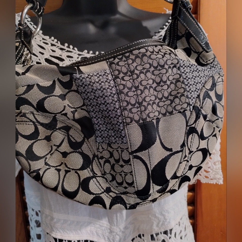 Coach Black and Cream Signature Patchwork Shoulder Bag